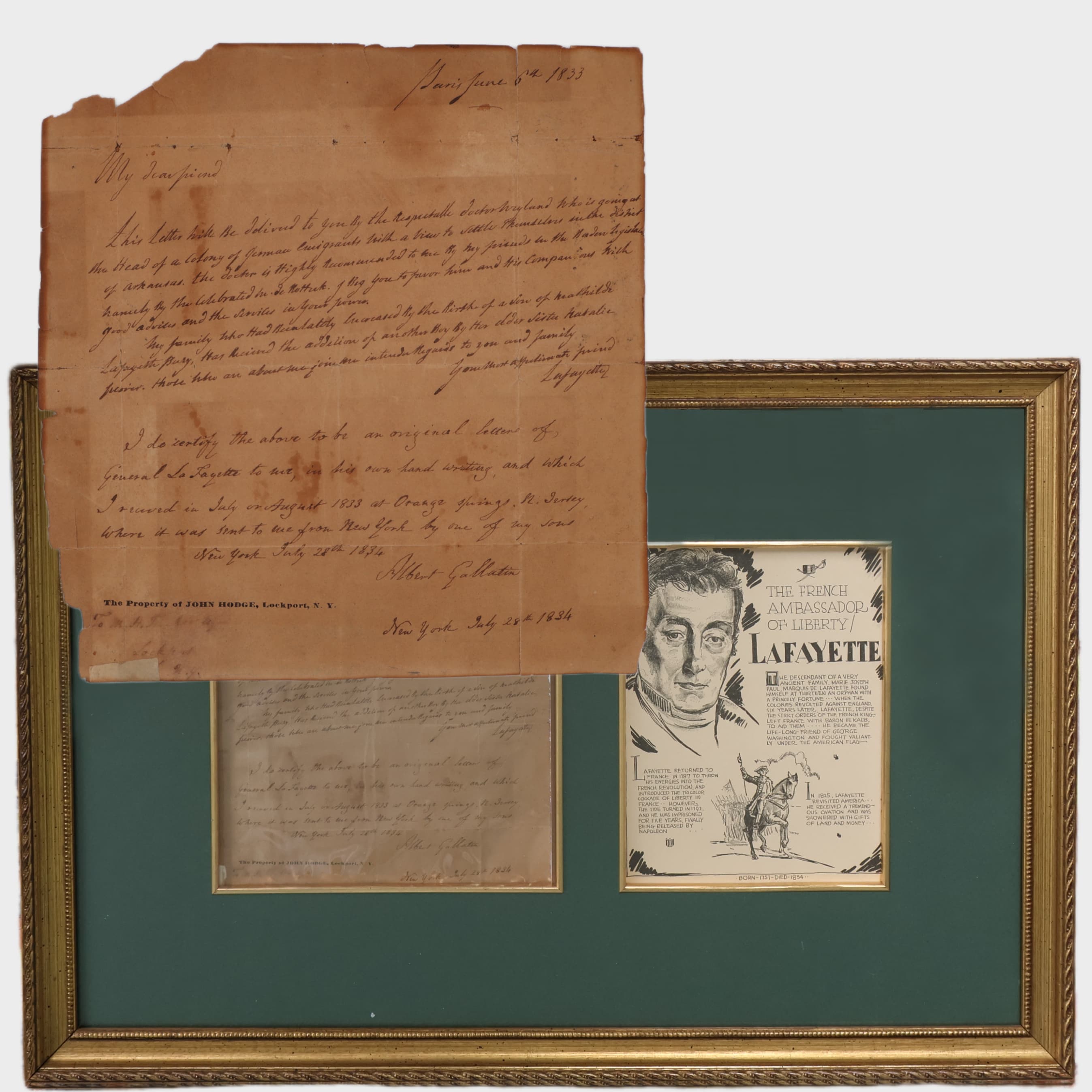 Marquis de Lafayette Signed Letter, Dated 1833