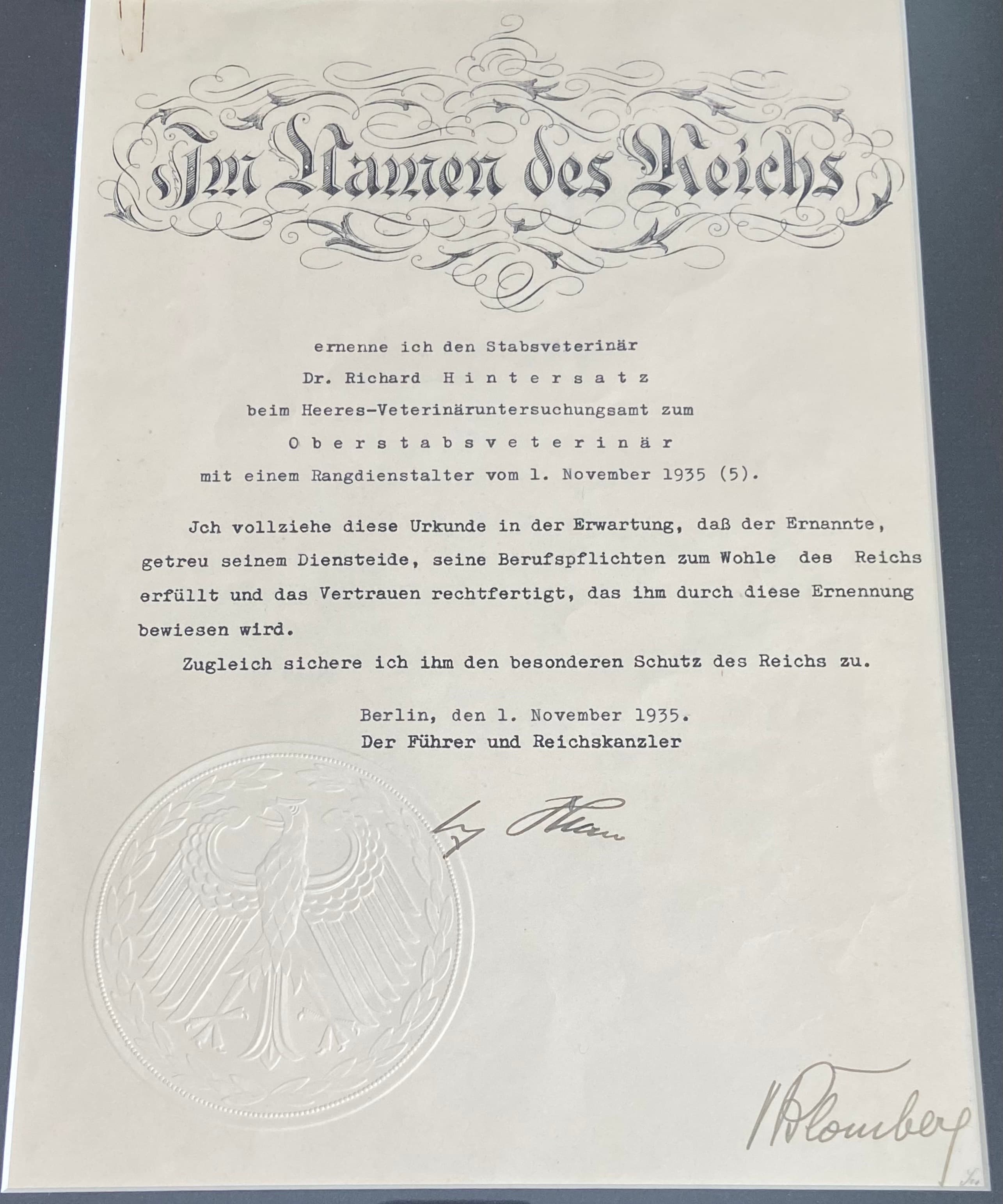 Adolf Hitler Signed Military Appointment Document, 1935, Framed